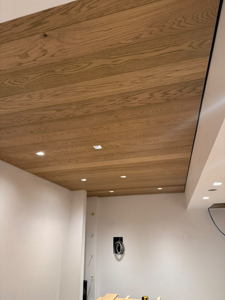 Custom wood ceiling with carefully installed recessed lighting